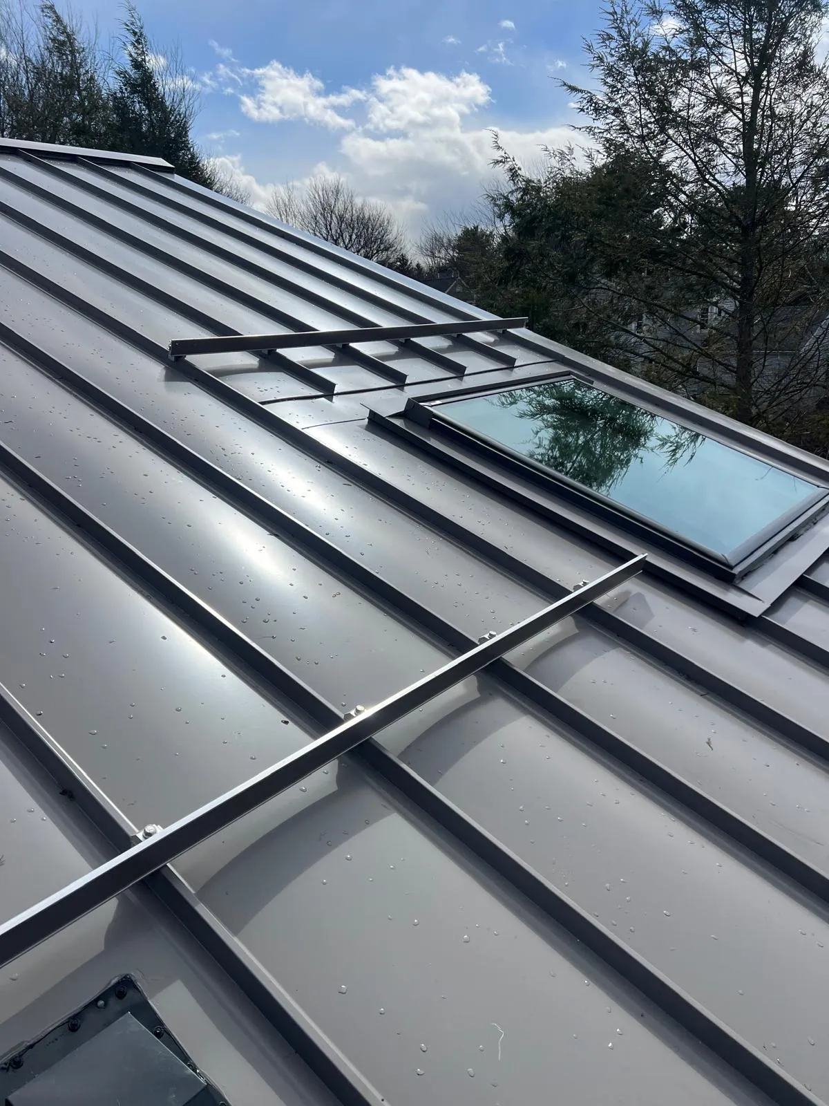 Standing seam metal panels framing a roof skylight